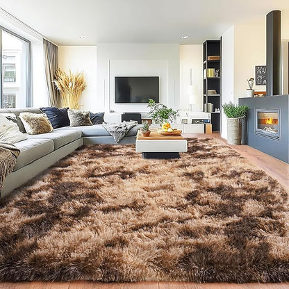 Pionblank Large Area Rug for Living Room 10x14, Fuzzy Modern Shag Rug Brown, Fluffy Plush Non Slip Soft Furry Carpet for Bedroom Kids Room Nursery Teens Dorm Home, Tie-Dyed Coffee