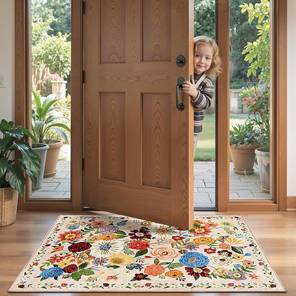 2x4 Entryway Runner Rugs, Non Slip Washable Rugs with Rubber Backing Soft Floral Carpet Runner for Kitchen, Laundry, Bedroom, Bathroom(2 x 4, Beige Garden)