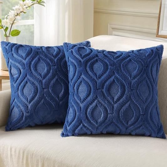 decorUhome Throw Pillow Covers 20x20 Inch Set of 2, Soft Plush Faux Wool Dark Blue Solid Couch Pillow Covers, Accent Farmhouse Neutral Square Pillow Cases for Sofa Bed Living Room