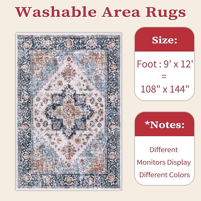 SERISSA Washable Rugs 9x12 Area Rugs, Large Non-Slip Blue Orange Living Room Rug, Ultra Soft Boho Vintage Print Distressed Oriental Farmhouse Carpet for Dining Room Bedroom Dorm Office Home Decor