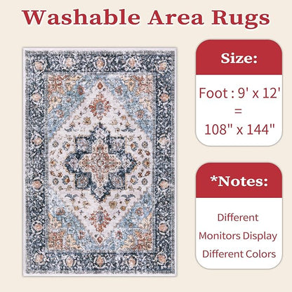 SERISSA Washable Rugs 9x12 Area Rugs, Large Non-Slip Blue Orange Living Room Rug, Ultra Soft Boho Vintage Print Distressed Oriental Farmhouse Carpet for Dining Room Bedroom Dorm Office Home Decor