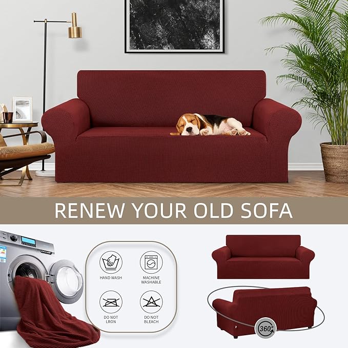 KEKUOU Stretch Loveseat Sofa Cover Slipcover,Couch Covers for 2 Cushion Couch Sofa (55"-78") Furniture Protector Sofa with Elastic Bottom for Kids,Dog. Jacquard Small Checked (Medium,Dark Red)