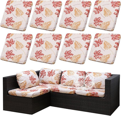 8Pcs Outdoor Cushion Covers, Patio Cushion Covers,Stretch Elastic Slipcovers, Replacement Washable & Reusable Furniture Protector for Patio Couch (Red Maple-Pattern,Cover Only)