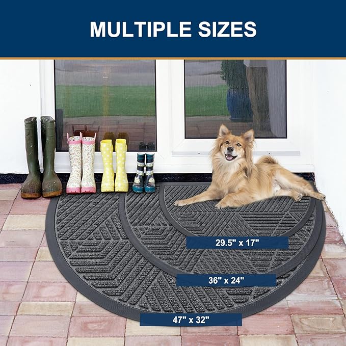 Smiry Half Circle Front Door Mat Outside Entrance, Heavy Duty Sturdy Natural Rubber Doormat, Trap Dirt and Moisture, Low Profile Mats for Indoor Outdoor Entry, Irregular Triangle (35x23, Grey)