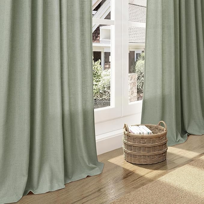 Desert Sage Linen Curtains 132 Inch Length for Living Room Light Filtering Semi Sheer Curtain Back Tab Rustic Farmhouse Decor Elegant Drapes Floor to Ceiling High Window for Bedroom 52x132, 2 Panels