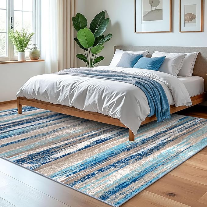 Lansny Modern Abstract 5x7 Machine Washable Area Rug Non-Slip Soft Bedroom Living Romm Rug Blue Ultra Thin Print Faux Wool Floor Carpet Throw Rugs for Nursery Playroom Dining Room Indoor Office