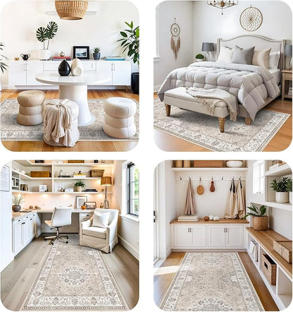 4x10 Hallway Wide Runner Rug: Washable Oriental Soft Area Rug for Living Room Bedroom Stain Resistant Low Pile Carpet for Entryway Ktichen Thin Non Slip Floor Mat for Bathroom Dining Room(Beige,4x10)