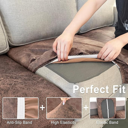 Leather Look Couch Cushion Covers Sofa Seat Slipcovers Sets Couches Furniture Protector for Sectional Armchair Loveseat Pets Kids Stretch Spandex Fabric (3 Cushion Sofa, Light Brown)