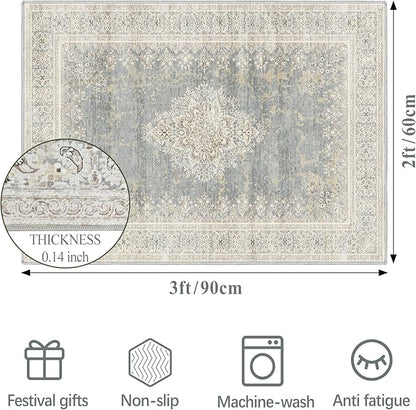 2x3 Entryway Rug Non-Slip Washable Thin Indoor Vintage Rug Low-Pile Floor Carpet for Entrance Bedroom Kitchen Bathroom Beige Grey