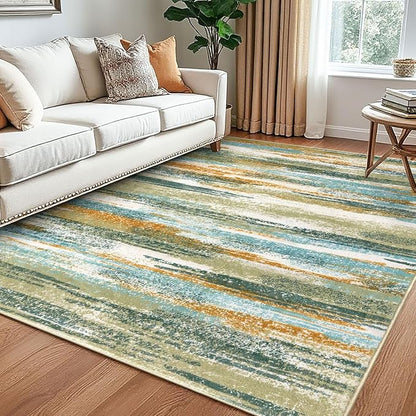 Lansny Modern Abstract 5x7 Machine Washable Area Rug Non-Slip Soft Bedroom Living Romm Rug Green Mustard Multi Ultra Thin Print Faux Wool Floor Carpet Throw Rug for Nursery Playroom Dining Room Office