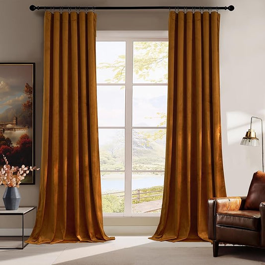 RYB HOME Velvet Blackout Curtains - Back Tab Plush Privacy Blackout Energy Efficient Window Treatment Retro Luxury Decoration for Living Room Cottage, W52 x L90, Golden Oak, 2 Pieces