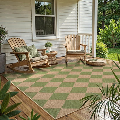 Lahome Colette Checkered Washable Rugs 5x7, Green Area Rug Neutral Large Outdoor Patio Living Room Rug, Farmhouse Non Slip Non Shedding Floor Carpet for Courtyard Camping