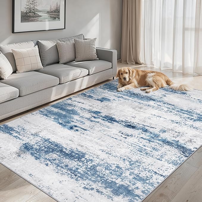 Area Rugs 10x14 Living Room - Washable Rug Modern Abstract Soft Large Neutral Non-Slip Carpet Indoor Floor Thin Carpets for Bedroom Dining Room Farmhouse Nursery Home Office White Blue Grey