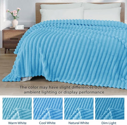 Exclusivo Mezcla King Size Flannel Fleece Blanket, Super Soft Striped Jacquard Bed Blanket, Lightweight Fuzzy Cozy for All Seasons, 90x104 Inches, Blue