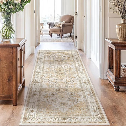 AMADA HOMEFURNISHING 2'6"x8' Washable Area Rug, Low-Profile Entryway Rug with Non-Slip Backing & Durable Edge Binding, Vintage Rug Pattern, Small Rugs for Entryway, Kitchen & Living Room