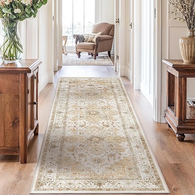 AMADA HOMEFURNISHING 2'6"x10' Washable Area Rug, Low-Profile Entryway Rug with Non-Slip Backing & Durable Edge Binding, Vintage Rug Pattern, Small Rugs for Entryway, Kitchen & Living Room
