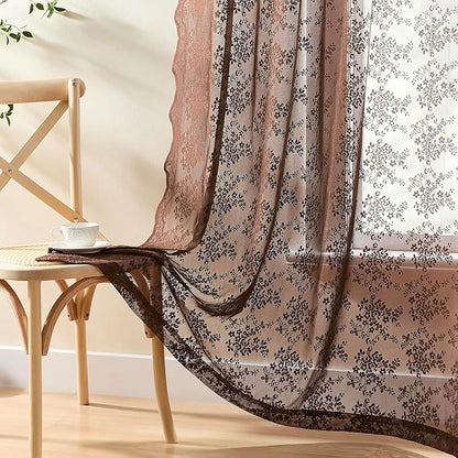 YJ YANJUN Vintage Lace Curtains 108 Inches Long-Victorian Floral Pattern Brown Sheer Curtain Panels for Living Room Tall Windows,Light Filtering, Rustic Farmhouse Neutral Decor 2 Panels 52W x 108L