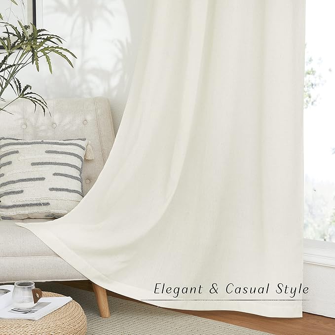 NICETOWN Flax Linen Blend Curtains for Bedroom, Vintage Grommet Top Semi Sheer Curtain Drapes Privacy Assured Window Treatment Light Reducing for Living Room, Off White, W55 x L63, Set of 2