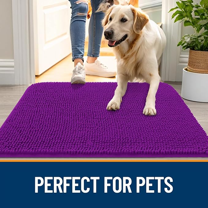 OLANLY Dog Door Mat for Muddy Paws 47x32, Absorbs Moisture and Dirt, Absorbent Non-Slip Washable Doormat, Quick Dry Chenille Mud Mat for Dogs, Entry Indoor Entryway Carpet for Inside Floor, Purple