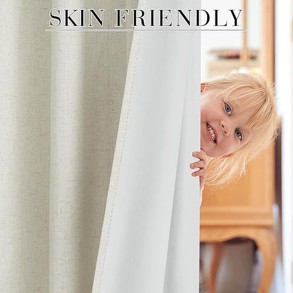 RYB HOME Cream Beige Linen 100% Blackout Curtains for Bedroom W52 x L120, Extra Long Linen Blackout Curtains Privacy Assurd& Thermal Insulated for Sliding Door/Living Room/Nursery, 2 Panels