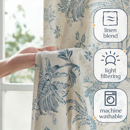 jinchan Linen Floral Curtains for Living Room with Printed Flower 63 Inches Long Light Filtering French Country Back Tab Rod Pocket Blue Window Curtain Set Farmhouse Drapes 2 Panels Blue