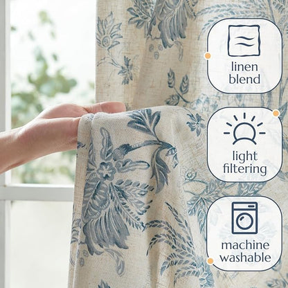 jinchan Linen Floral Curtains for Living Room with Printed Flower 108 Inches Long Light Filtering Extra Long Back Tab Rod Pocket Blue Window Curtain Set Farmhouse Drapes, 2 Panels Blue