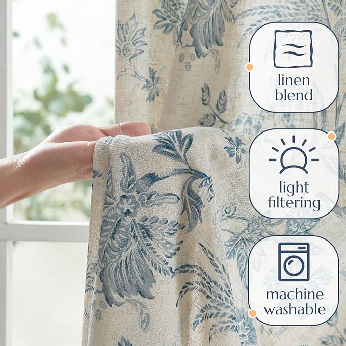 jinchan Linen Floral Curtains for Living Room with Printed Flower 96 Inches Long Light Filtering French Country Back Tab Rod Pocket Blue Window Curtain Set Farmhouse Drapes 2 Panels Blue