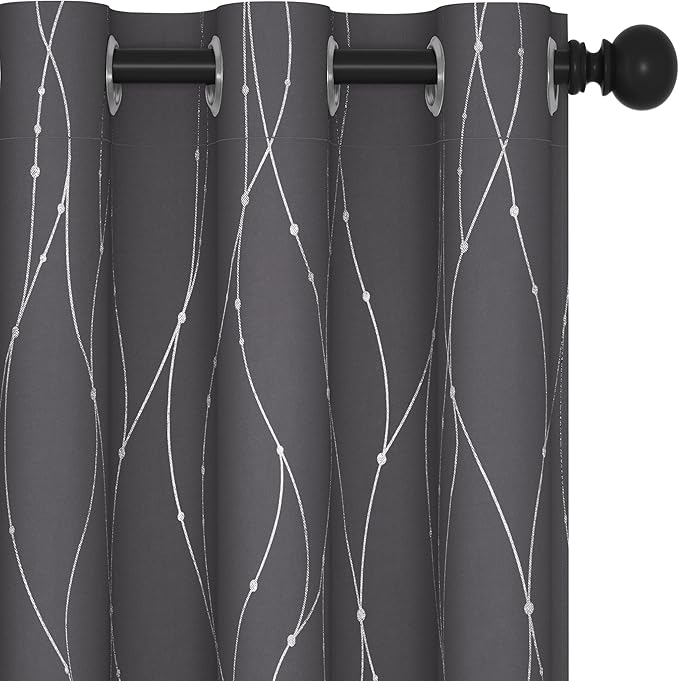 Deconovo Short Curtains Grey, Blackout Kitchen Curtain, Thermal Insulated Soundproof Drapes, Wave Dots Foil Print, 42 x 45 Inches, 2 Panels, Machine‑Washable Privacy Window Panel for Small Windows