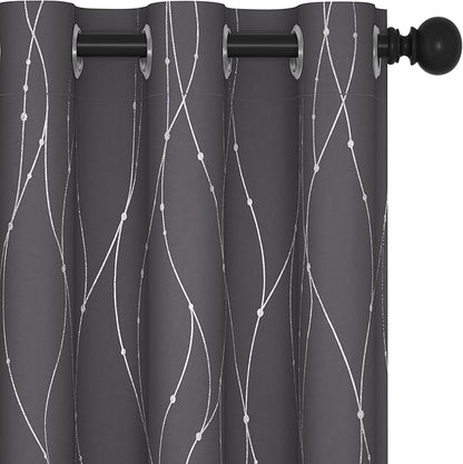 Deconovo Grey Blackout Curtains for Bedroom, Thermal Insulated Soundproof Drapes, Wave Dots Foil Print, 42 x 63 Inches Long, 2 Panels, Machine‑Washable Privacy Window Panel for Living Room Kitchen