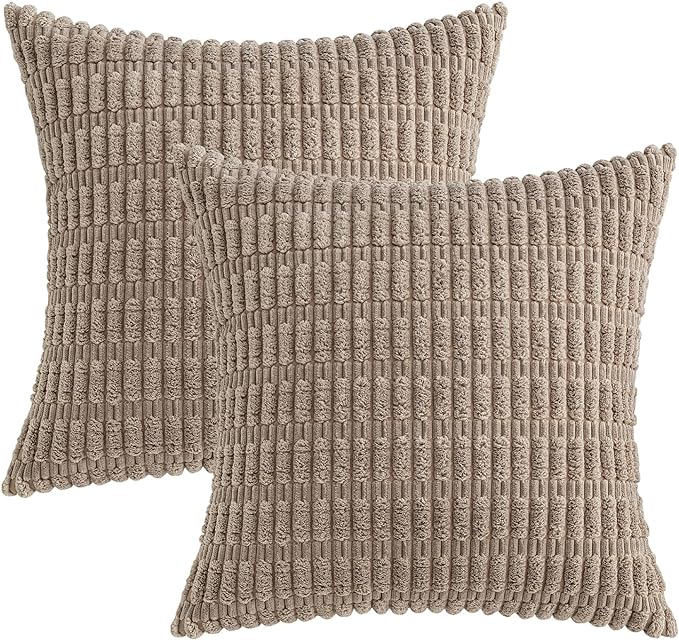 MIULEE Pack of 2 Corduroy Decorative Throw Pillow Covers 16x16 Inch Soft Boho Striped Pillow Covers Modern Farmhouse Home Decor for Sofa Living Room Couch Bed Light Brown