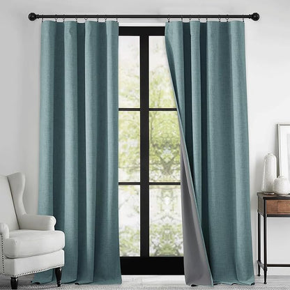 RYB HOME 100% Blackout Linen Textured Curtains 84 inches Long, Thermal Insulating Privacy Energy Saving for Bedroom Living Room Window Office Theater Baby Nursery, W 52 x L 84 in, Misty Blue, 2 Pcs