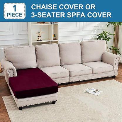 Couch Cover Velvet Chaise Cushion Cover for Sectional Sofas - Elastic L-Shaped Sofa Seat Covers Washable, Slipcover Protector (1-Piece, Wine)