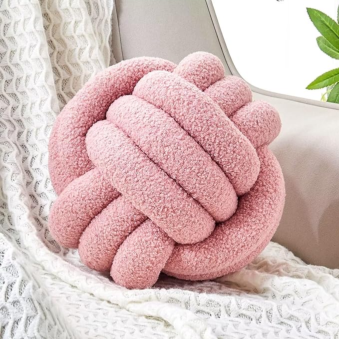 Uvvyui Knot Pillow Ball, Soft Home Decorative Pillows, Round Throw Pillow, Handmade Knotted Plush Pillow, Round Boucle Pillow Cushion (14 Inches Blush Pink)