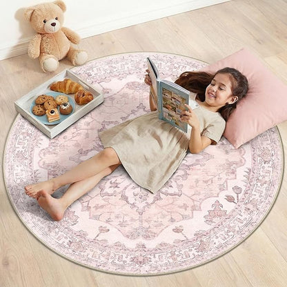 Area Rugs 4ft Washable Non-Slip, Floral Vintage Distress Print Pattern Medallion Carpet for Living Room Bedroom Dining Room, Pink Greypink Cute