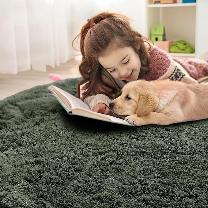 OLANLY Olive Green Round Rugs for Bedroom - Machine Washable, 8 ft Circle Area Rugs for Living Room, Soft and Fluffy Shaggy Carpet for Teen Girl and Boys, Nursery Rooms, Dorms, Home Decor Aesthetic