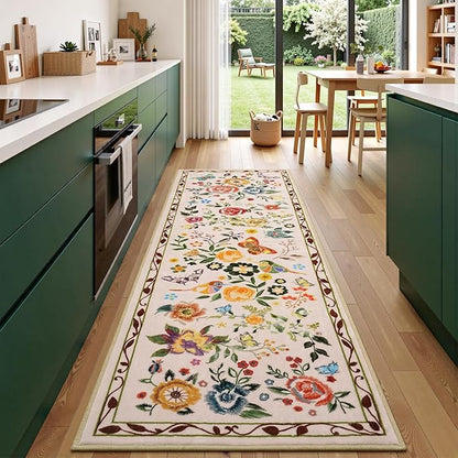 Rugflix 2x6 Runner Rug for Hallway, Washable Kitchen Runner Non Slip, Soft Low Pile Entryway Carpet, Vintage Floral Stain Resistant Long Laundry Room Rugs for Bedroom, Stairs, Beige