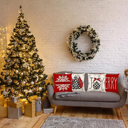 ONFAON Christmas Decorations - Christmas Pillow Covers 18x18 Set of 4,Farmhouse Christmas Throw Pillow Covers Set for Home Bedroom Sofa Couch