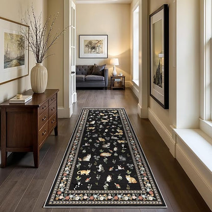 2x6 Washable Kitchen Runner Rug - Soft Low Pile Floral Animal Cat Print Rugs with Non-Slip Backing Waterproof Stain-Resistant Indoor Carpet for Hallway Entryway Bathroom Bedroom (Black)