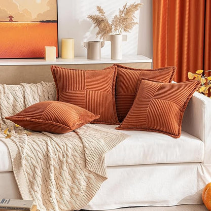MIULEE Rust Decorative Throw Pillow Covers for Couch Bed Livingroom 20x20 Inch Set of 2 Boho Accent Throw Pllows Broadside Striped Patchwork Soft Corduroy Pillowcases
