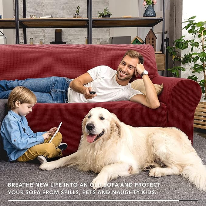ZNSAYOTX Super Stretch Couch Cover Love Seat Sofa Covers for Living Room Dogs Pet Friendly Furniture Protector Spandex Loveseat Slipcovers with Anti Slip Foam Sticks (Wine Red, Loveseat)