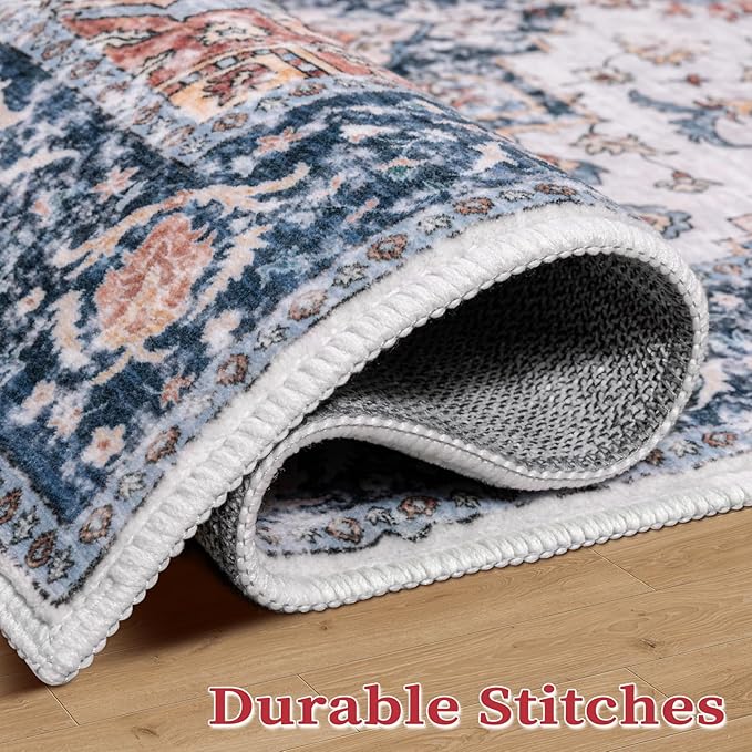 SERISSA Boho Round Area Rug, 6ft Washable Non-Slip Circle Rug, Ultra Soft Oriental Vintage Blue Orange Low-Pile Circular Carpet for Bedroom Entryway Kids Room Office College Dorm Living Room