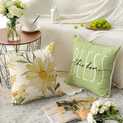AVOIN colorlife Home Sweet Home Spring Summer Flowers Green Throw Pillow Covers, 20 x 20 Inch Cushion Case for Sofa Couch Set of 4