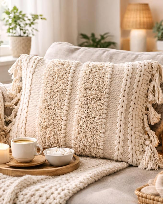 Decorative Boho-Chic Square Pillow Cover 18x18 Handwoven Tufted Braided Cotton Accent Pillows, Neutral Throw Cushion for Couch, Sofa or Bed, Farmhouse & Bohemian Home Decor, Trendy USA Design