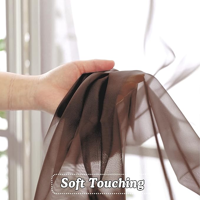 OVZME Brown Sheer Curtains 36 inches Long, Short Kitchen Window Treatment Solid Sheers Cafe Curtains Tiers Voile Half Window Curtains 2 Panels for Kitchen Room Laundry, Rod Pocket, 42" Wx36 L