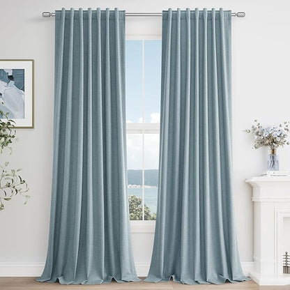 Guken Blue 100% Blackout Linen Curtains 100 Inch Length 2 Panels Set for Living Room Bedroom Back Tab Thermal Insulated Black Out Drapes Room Darkening Farmhouse Window Curtains Dusty Blue