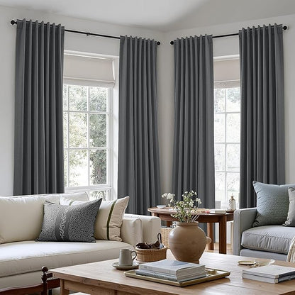 Guken Blazer Grey 100% Blackout Linen Curtains 120 Inch Length 2 Panels Set for Living Room Bedroom Back Tab/Rod Pocket Thermal Insulated Farmhouse Black Out Drapes Room Darkening,52x120