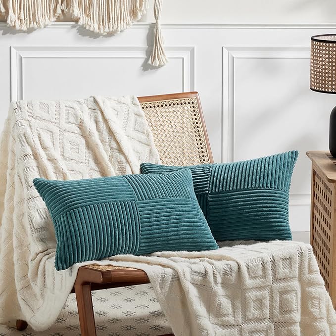 Fancy Homi 2 Packs Teal Lumbar Decorative Throw Pillow Covers 16x28 Inch for Living Room Couch Bed Sofa, Rustic Farmhouse Boho Home Decor, Soft Striped Corduroy Rectangle Accent Cushion Case 40x70 cm