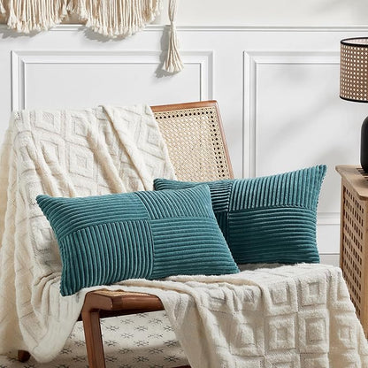 Fancy Homi 2 Packs Teal Lumbar Decorative Throw Pillow Covers 16x26 Inch for Living Room Couch Bed Sofa, Boho Home Decor, Soft Striped Corduroy Rectangle Accent Beige Cushion Case 65x40 cm