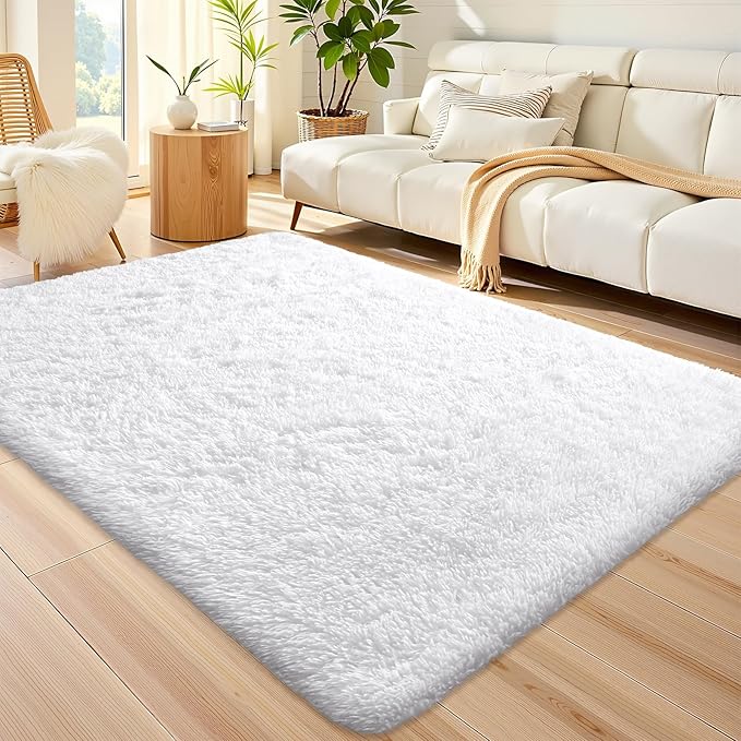 OLANLY Area Rugs for Living Room Bedroom, Machine Washable 4x5.9 ft Soft Fluffy Shaggy Bedside Rug, Indoor Floor Carpet for Kids Girls and Boys, Dorms, Nursery Rooms, Home Decor Aesthetic, White