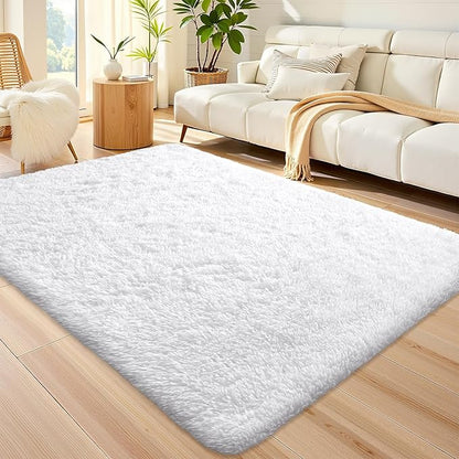 OLANLY Area Rugs for Living Room Bedroom, Machine Washable 4x5.9 ft Soft Fluffy Shaggy Bedside Rug, Indoor Floor Carpet for Kids Girls and Boys, Dorms, Nursery Rooms, Home Decor Aesthetic, White